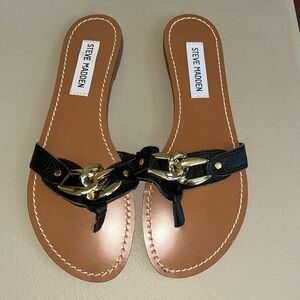 STEVE MADDEN SANNIBEL BLACK LEATHER SANDALS - GOLD HARDWARE - SIZE 7